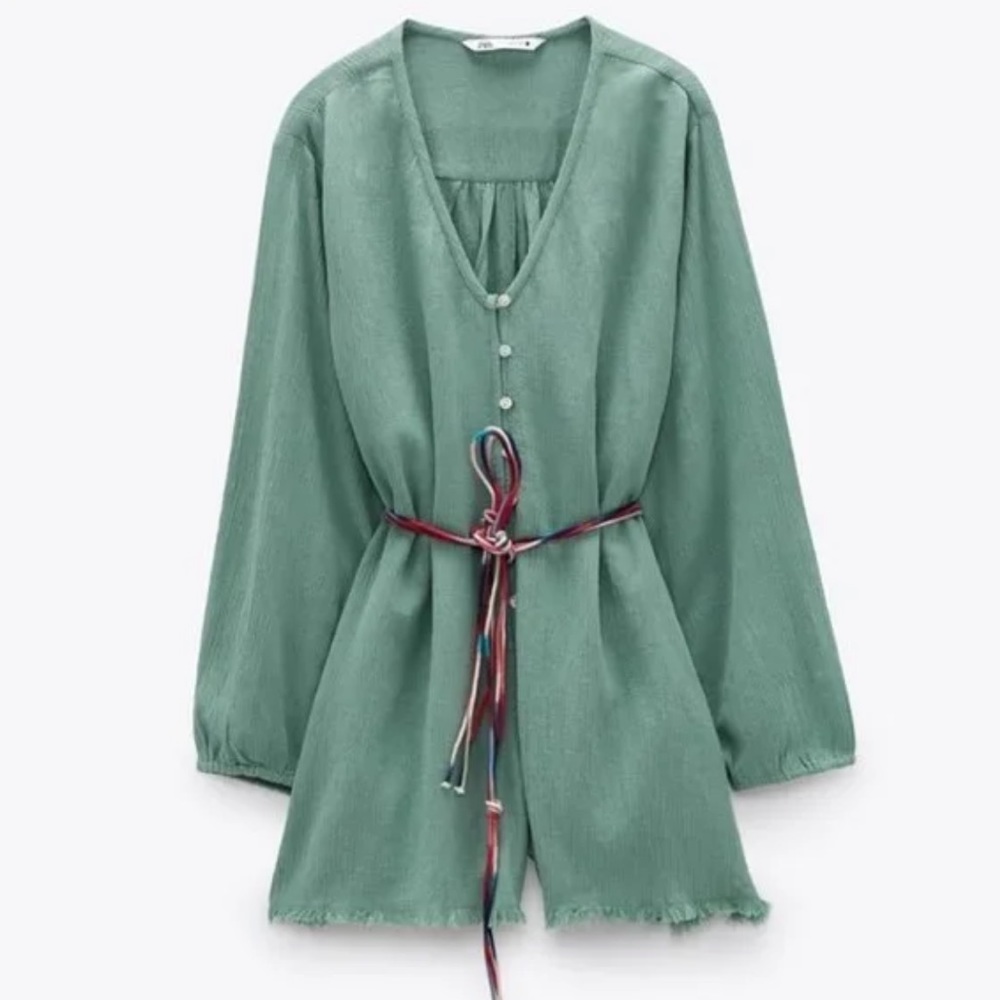 Zara belted rustic long sleeve romper in sea green size L